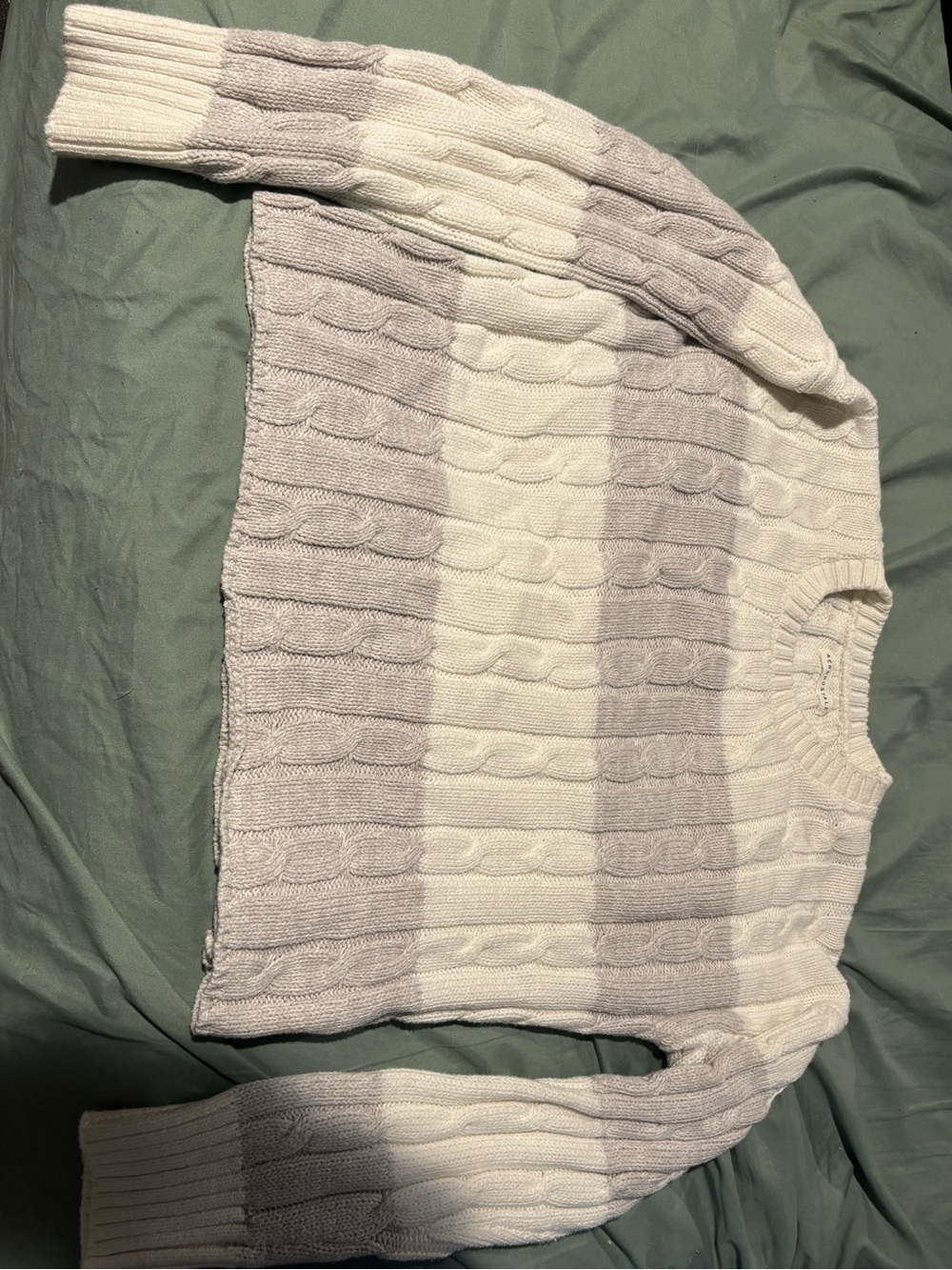 Aeropostale Striped Cable Knit Crewneck Sweater - White & Light Gray